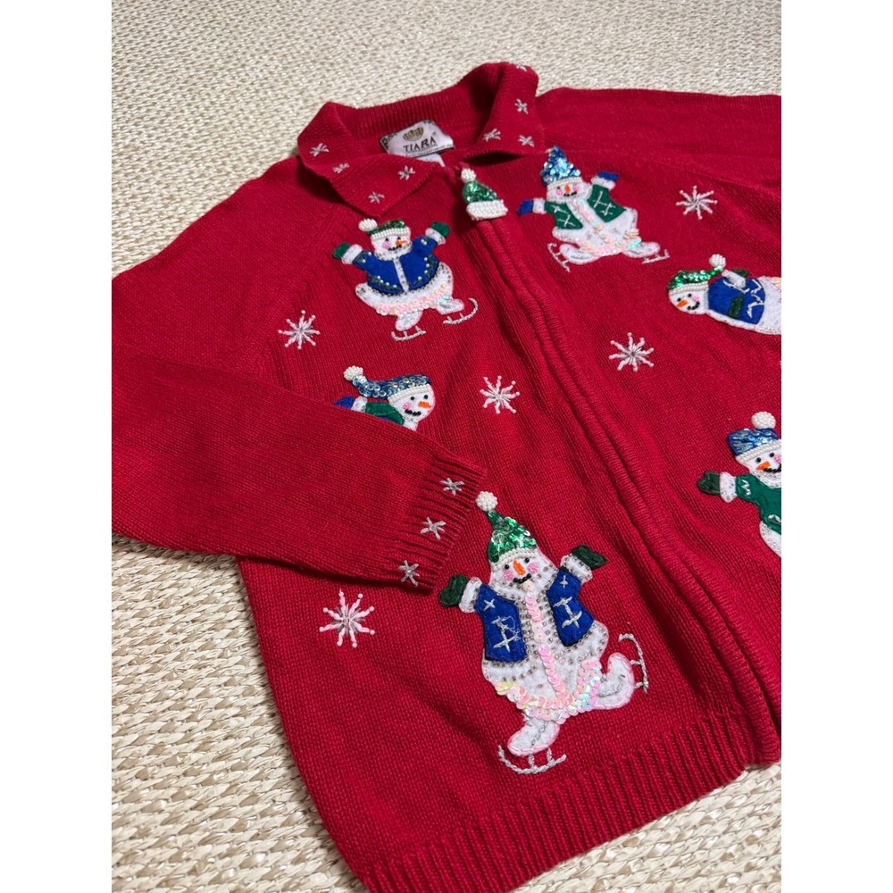 Tiara International Red Christmas Cardigan Snowman Sequin Zip Sweater holiday S - Picture 2 of 9